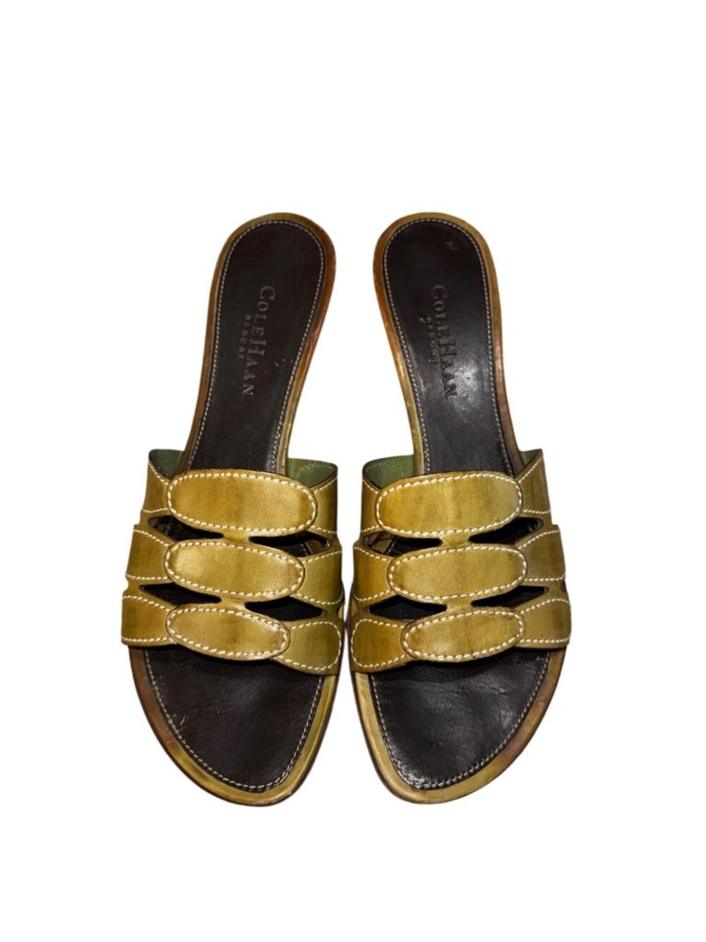 Cole Haan Resort Olive Green Leather Heeled Narrow Sandals Womens 7.5 AA Slip On - Picture 6 of 7